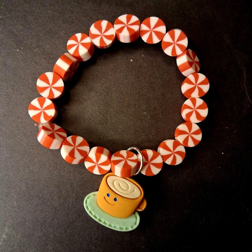 Adorable Peppermint Latte Coffee Charm Bracelet Stretchy Elastic Handmade Gift